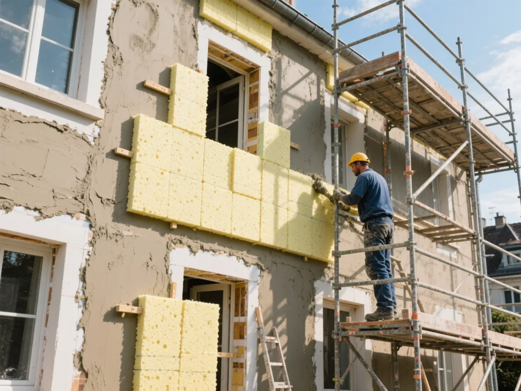 Façade en cours d'isolation par l'extérieur (ITE) en France