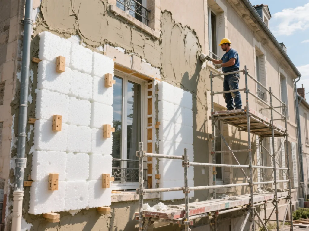 Façade en cours d'isolation par l'extérieur (ITE) en France