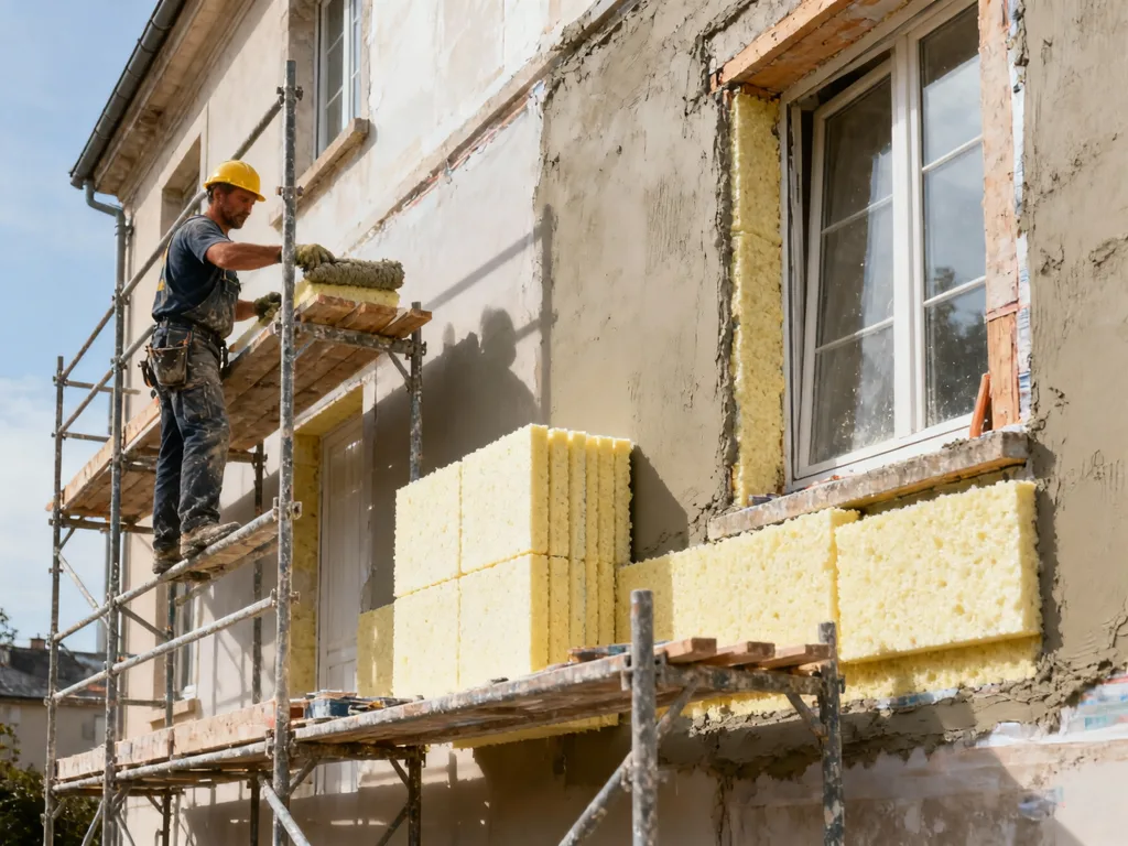 Façade en cours d'isolation par l'extérieur (ITE) en France