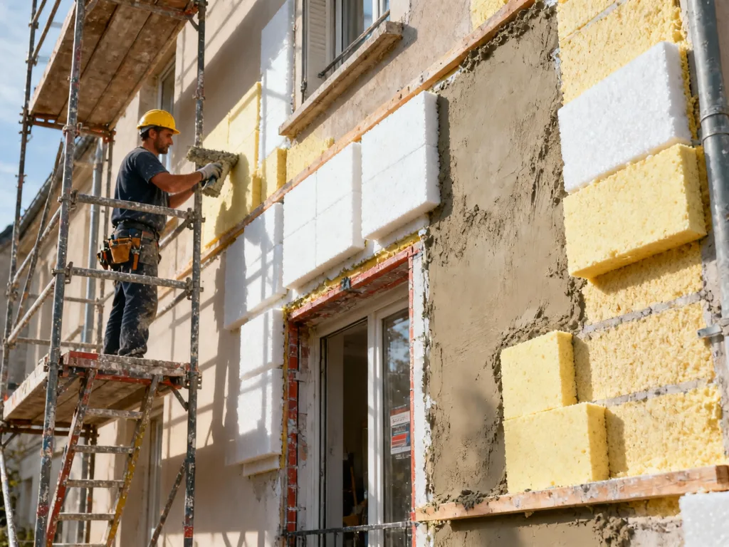 Façade en cours d'isolation par l'extérieur (ITE) en France
