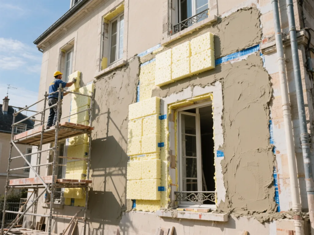 Façade en cours d'isolation par l'extérieur (ITE) en France