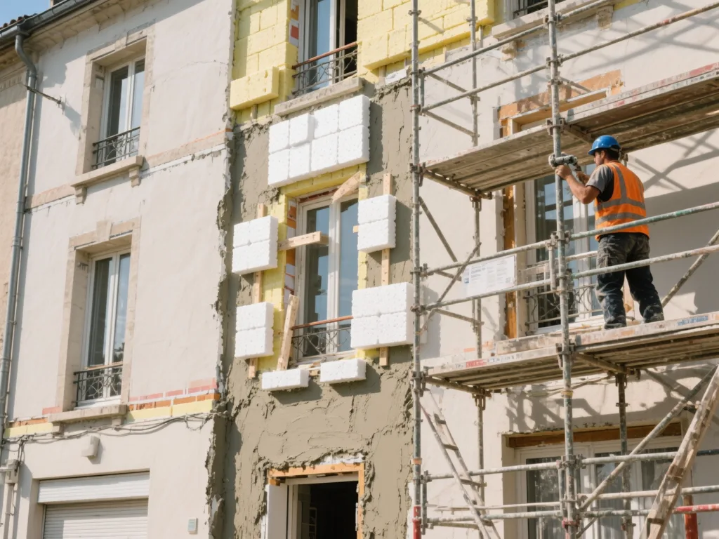 Façade en cours d'isolation par l'extérieur (ITE) en France
