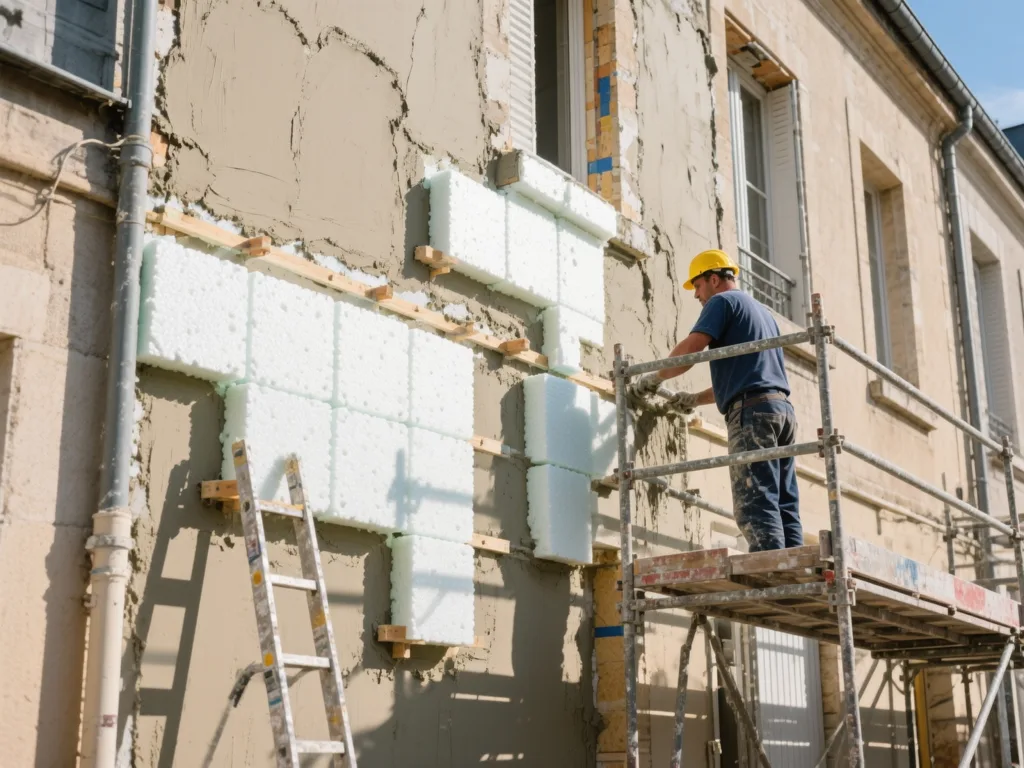 Façade en cours d'isolation par l'extérieur (ITE) en France