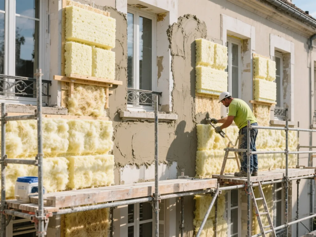 Façade en cours d'isolation par l'extérieur (ITE) en France
