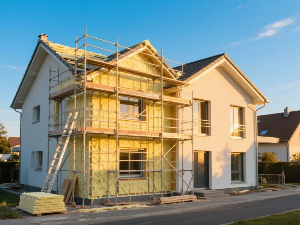 Maison en cours d'isolation par l'extérieur sous lumière dorée du matin