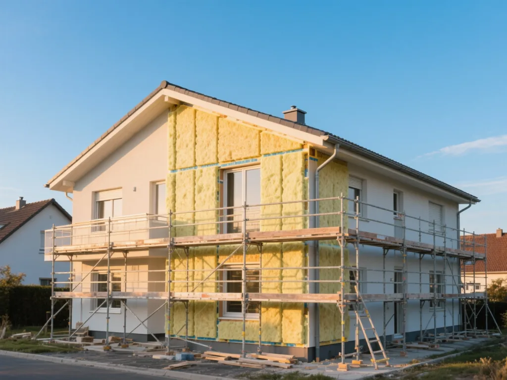 Maison en cours d'isolation par l'extérieur sous lumière douce de fin de journée