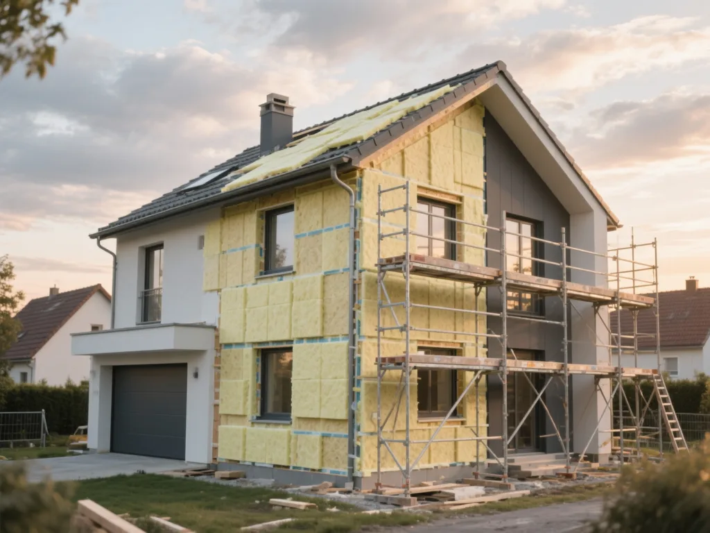 Maison en cours d'isolation par l'extérieur sous lumière douce de fin de journée