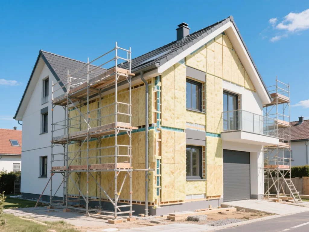 Maison en cours d'isolation par l'extérieur sous lumière naturelle de midi