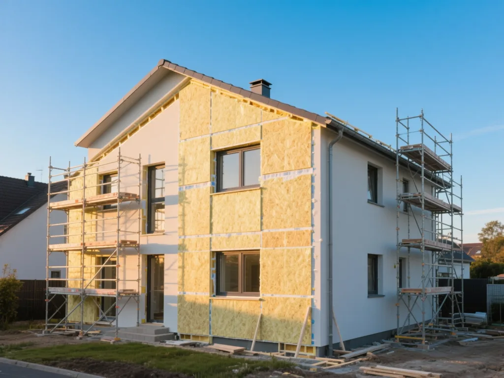 Maison en cours d'isolation par l'extérieur sous lumière douce de fin de journée