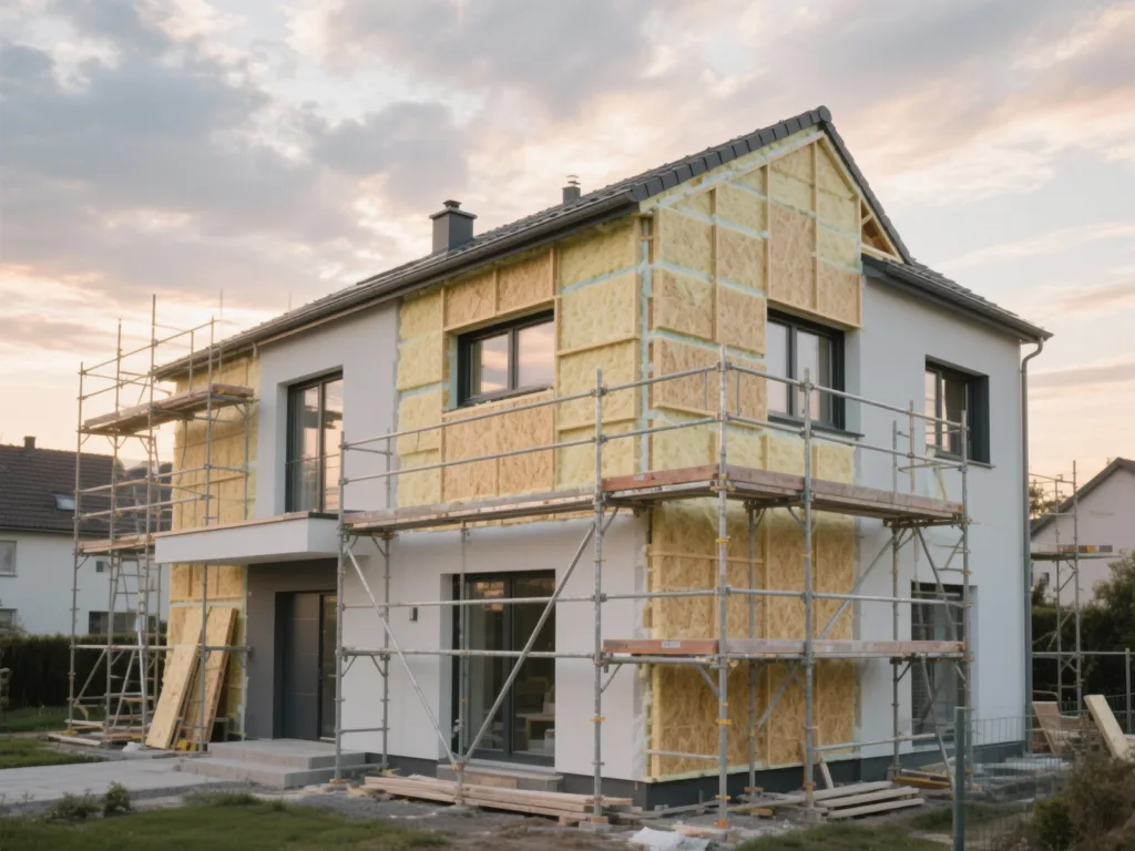 Maison en cours d'isolation par l'extérieur sous lumière douce de fin de journée