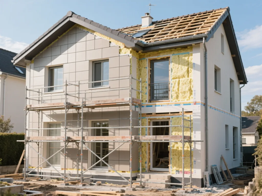 Maison en cours d'isolation par l'extérieur en France, panneaux isolants visibles