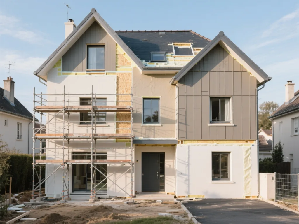 Maison en cours d'isolation par l'extérieur en France, panneaux isolants visibles