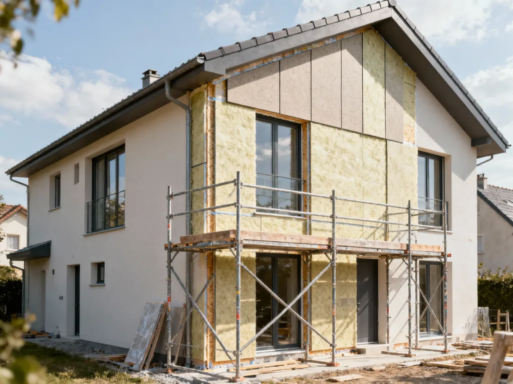 Maison en cours d'isolation par l'extérieur en France, panneaux isolants visibles