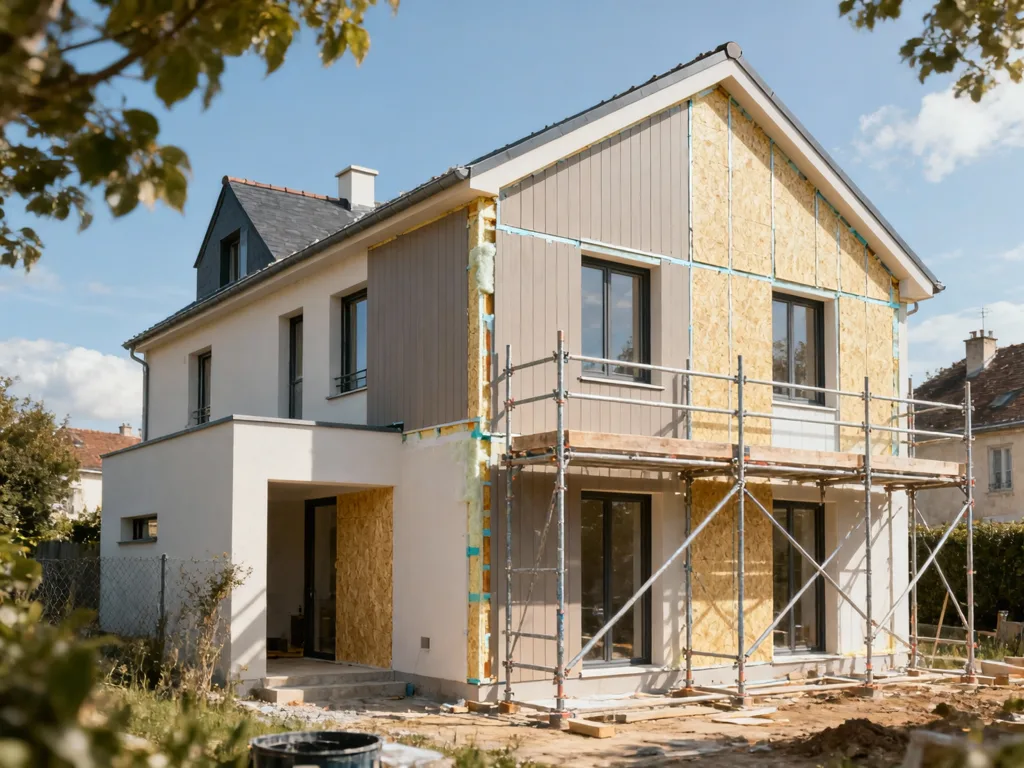 Maison en cours d'isolation par l'extérieur en France, panneaux isolants visibles