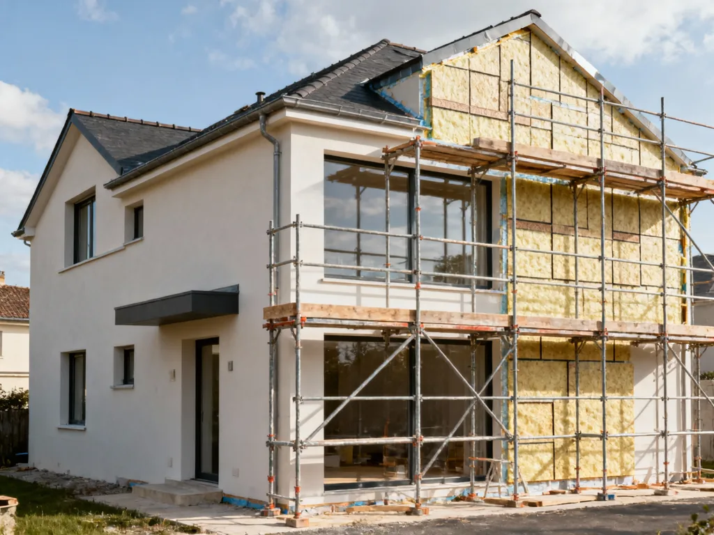 Maison en cours d'isolation par l'extérieur en France, panneaux isolants visibles