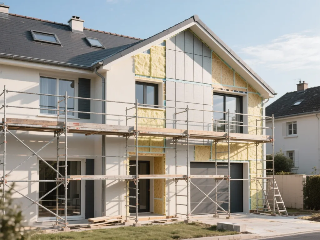 Maison en cours d'isolation par l'extérieur en France, panneaux isolants visibles
