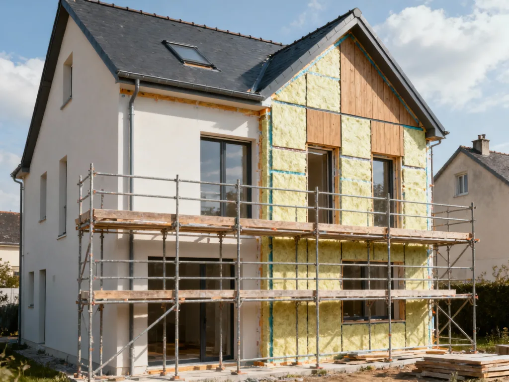 Maison en cours d'isolation par l'extérieur en France, panneaux isolants visibles