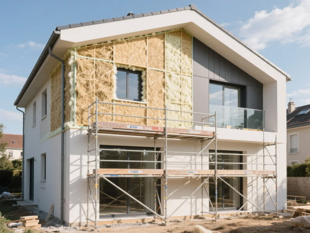 Maison en cours d'isolation par l'extérieur en France, panneaux isolants visibles